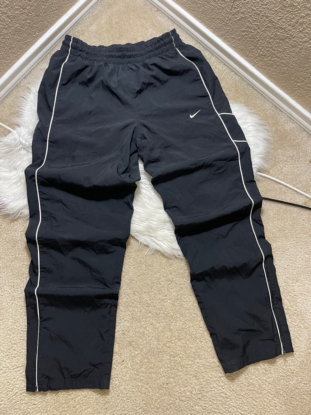 Y2K Vintage Black Nike Baggy Nylon Track Pants With White Stripe Medium